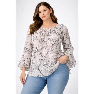 Chaps 3/4 Sleeve Blouse Top 2X Black Butter Yellow Floral Bell Sleeves Office Ca